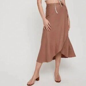 ARITZIA Wilfred 100% Linen Eleta Flowy Feminine Midi Wrap Skirt Dusty Mocha XS